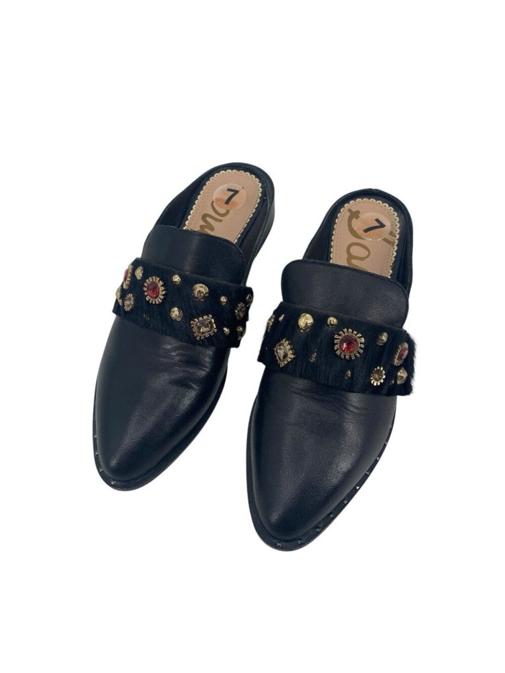 Sam Edelman Size 7 Black Laird Jeweled Real Fur Banded Leather Mules